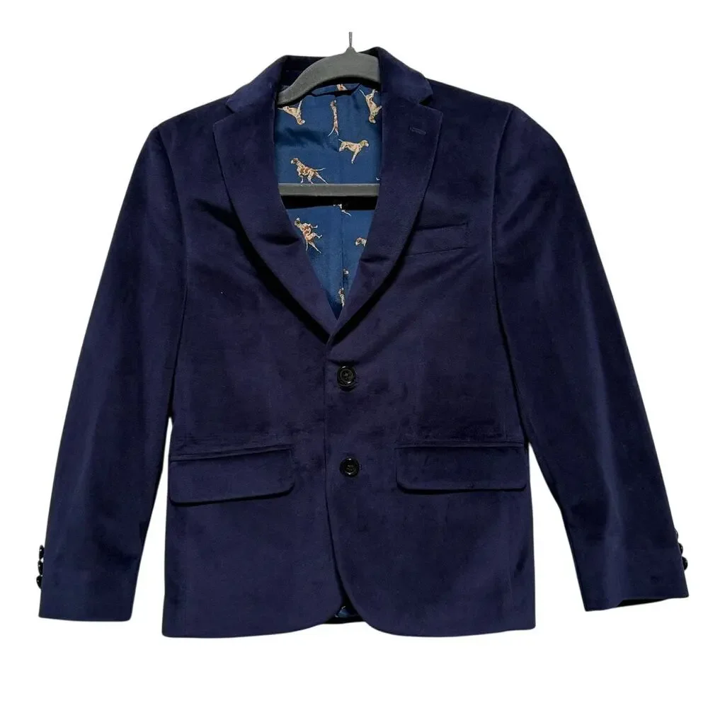 Lauren Ralph Lauren Boys Blazer 10R Dark Blue Velvet Lined Hunting Dog Print